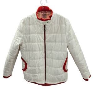 Looft White Red Trim Multi Color Striped Lining Zip Up Snap Collar‎ Puffy Coat